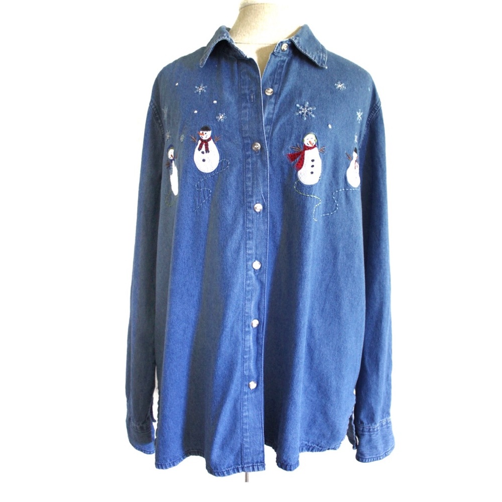 Snowman Printed Denim Jean Button Up Top Size XXL (20) Plus Size